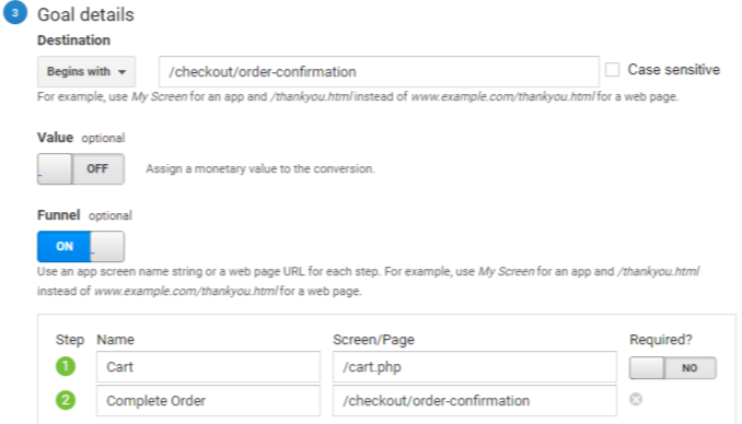 Destination Based Google Analytics Goal